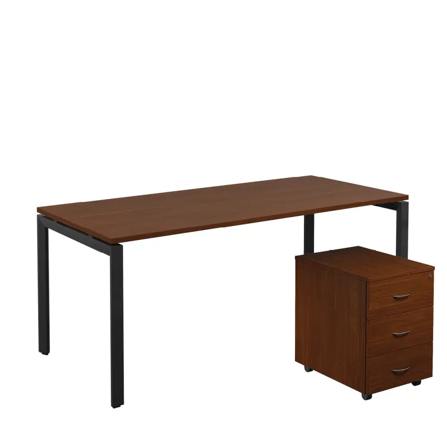 SET-U 388 stůl kancelářský, kovová podnož černá + kontejner pojízdný, 3-zásuvkový, ořech královský